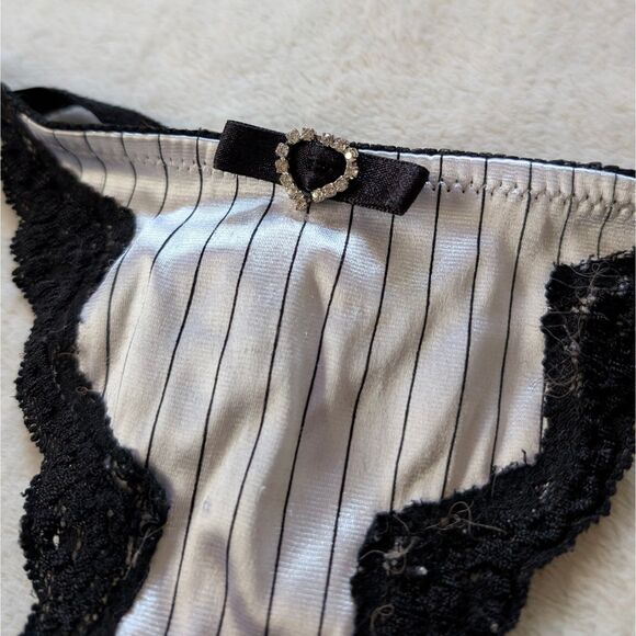 Lace Satin Bow G-String Thong Panties Women's Large Pink Black Sparkly Y2K - Picture 2 of 8